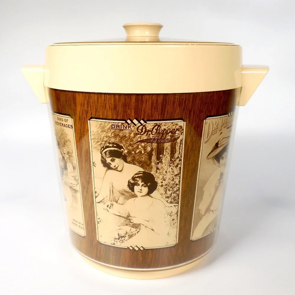Vintage 70s Dr Pepper Thermo-Serv Insulated Ice Bucket w Retro Antique Art MCM